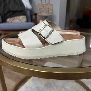 Birkenstock White Platform Slide Sandals with Silver Buckle